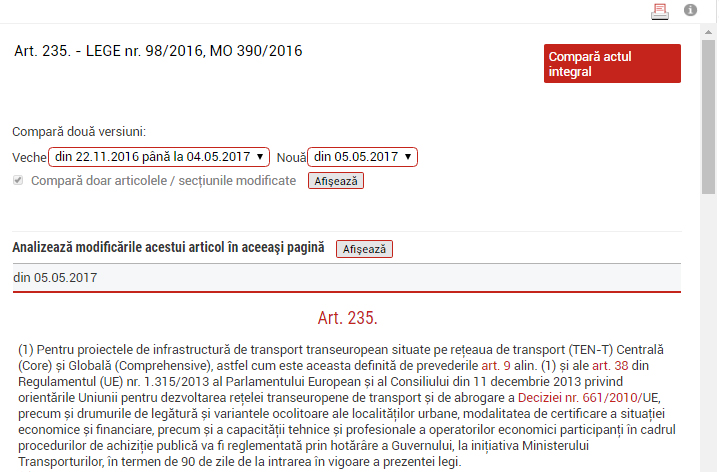 Funcţia extinsă de comparare a versiunilor unui articol